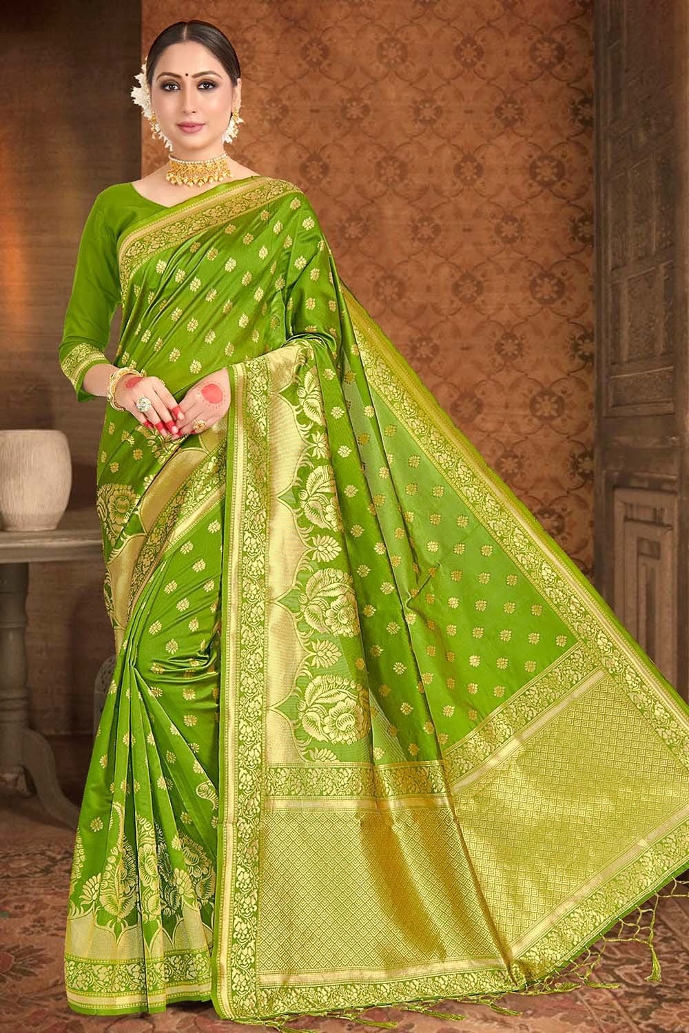 Parrot Green Pure Chiffon Georgette Banarasi Handloom Saree - Tilfi