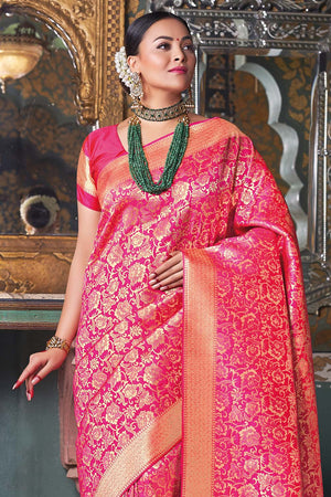 Punch Pink Intricate Jaal Woven Banarasi Saree