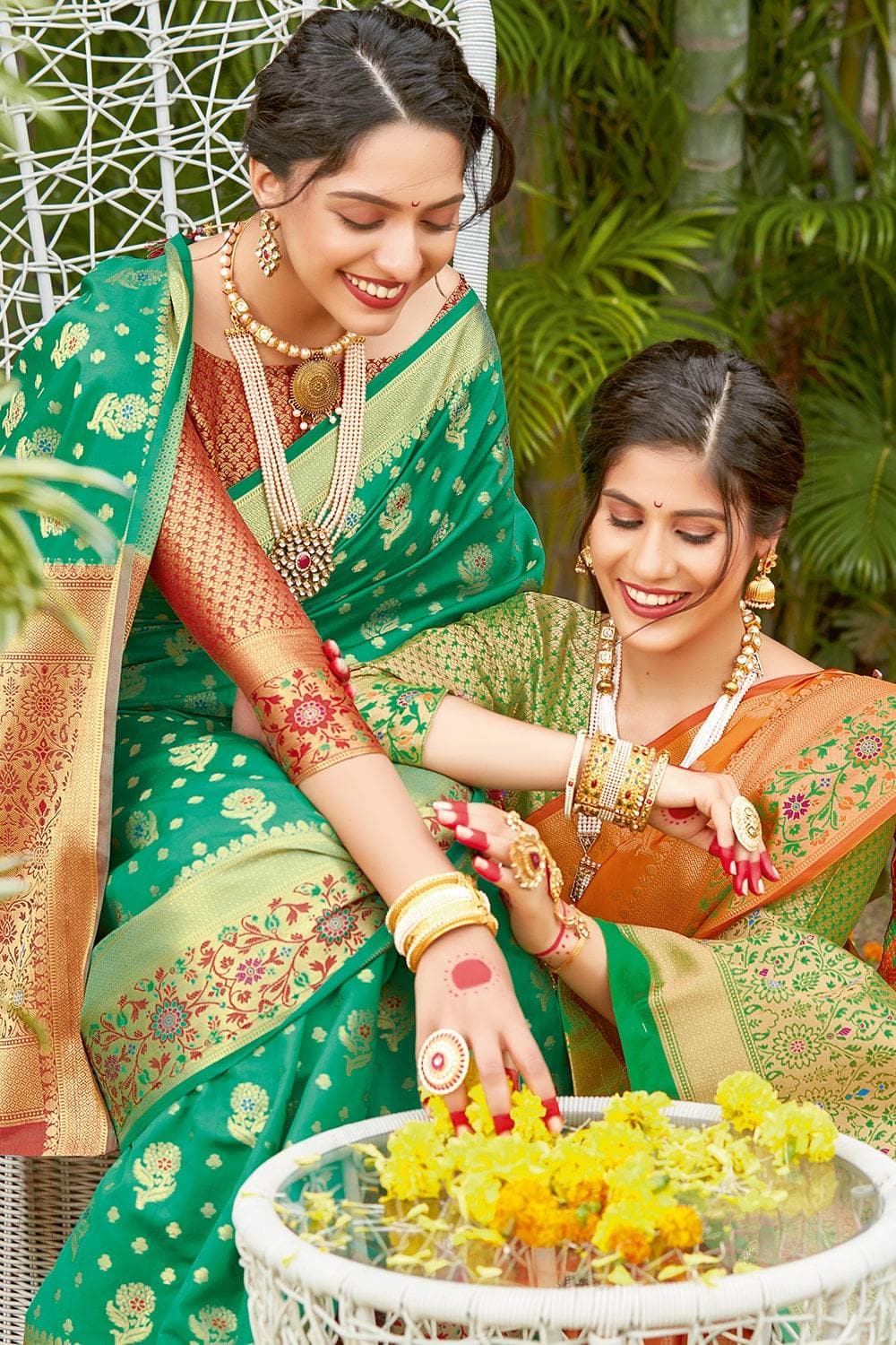 Buy YUG ART Printed Bollywood Dupion Silk Green Sarees Online @ Best Price  In India | Flipkart.com