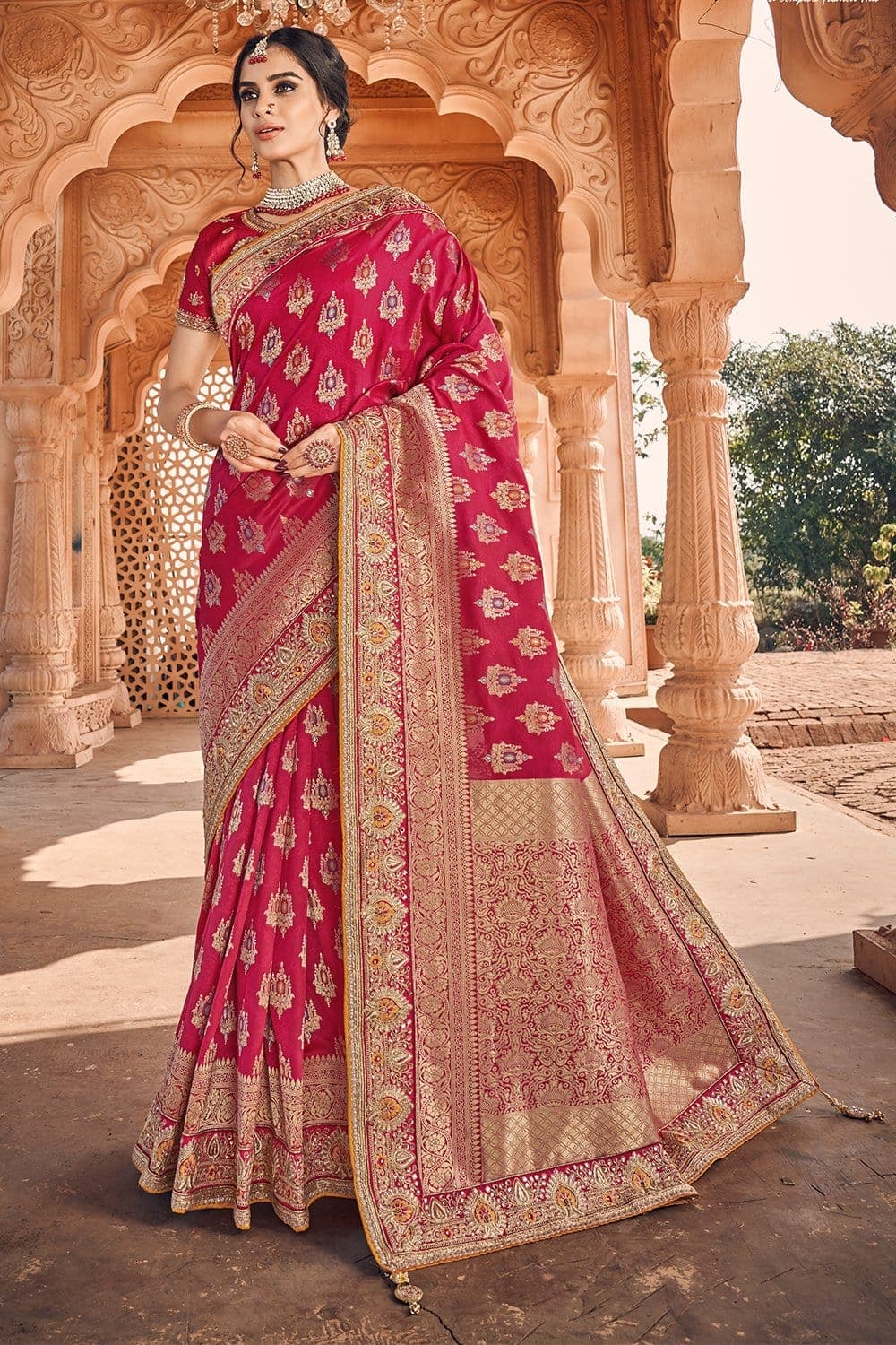 Rani Pink Banarasi Silk Saree with Blouse GU-208 at Rs 1599 | Banarasi  Sarees in Surat | ID: 19507202655