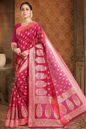 Buy Banarasi Silk Saree with Checked Pattern & Woven Border