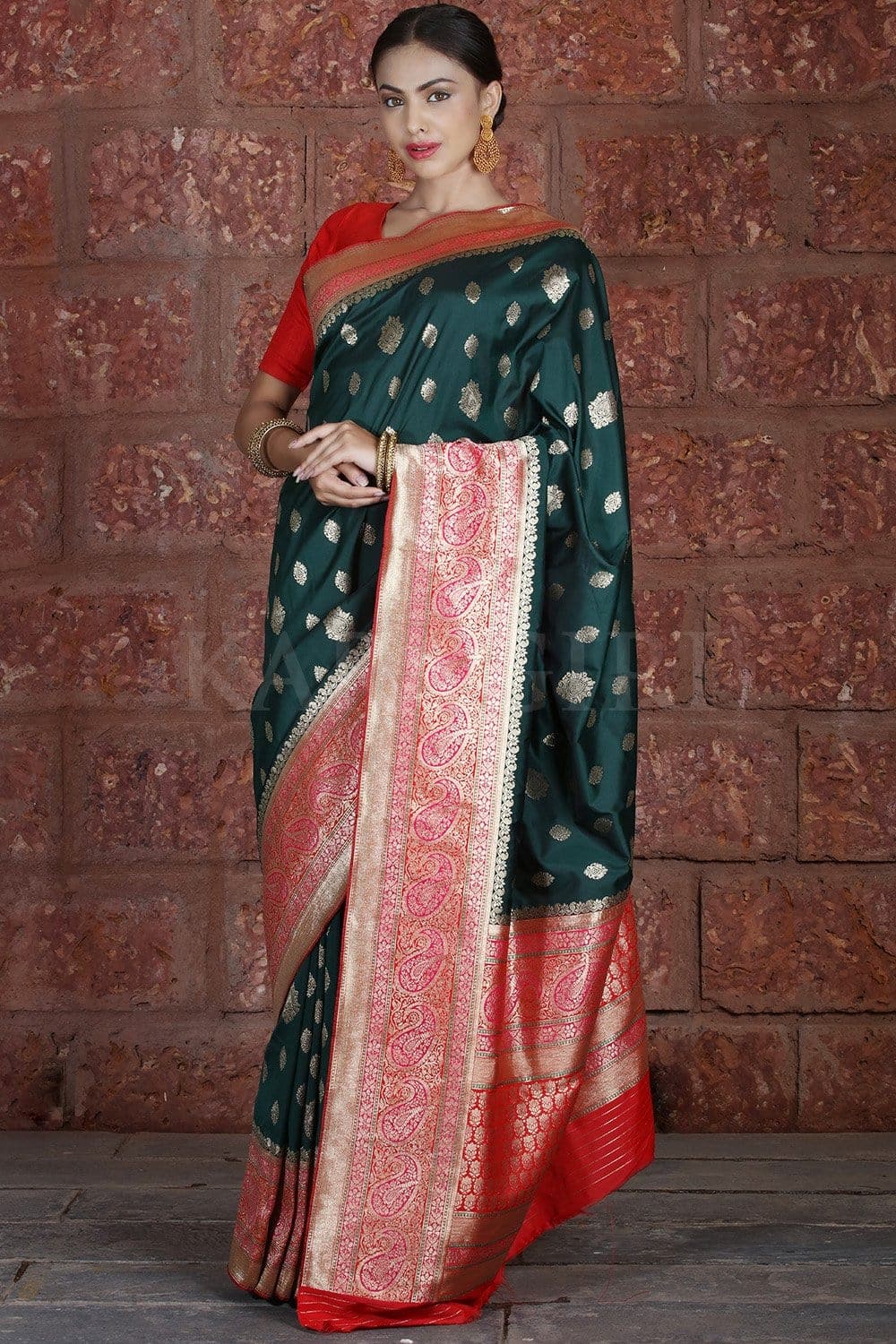 Red Banarasi Saree with Green Border – Keya Seth Exclusive