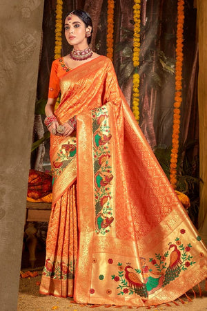 Safety Orange Banarasi Saree