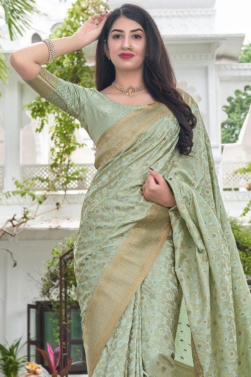 Sage Green Banarasi Soft Silk Jacquard Zari Work Saree