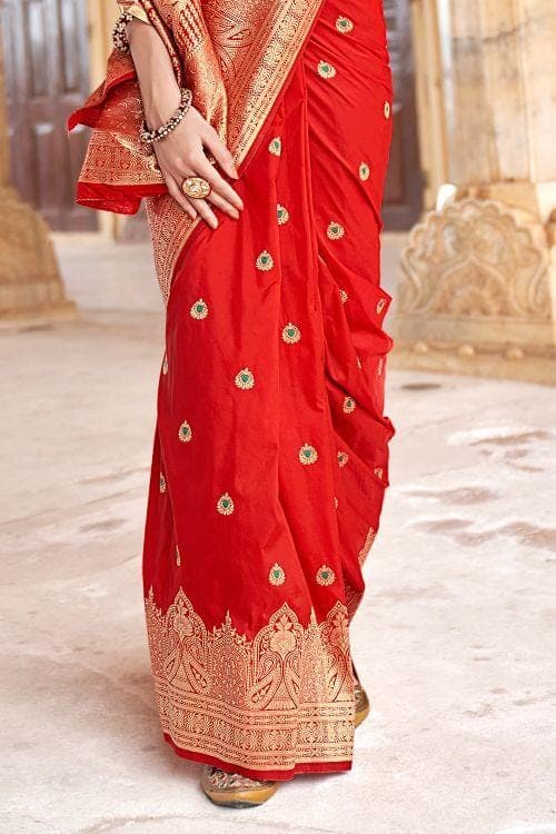 Green and Red color Banarasi sarees with menakari with rich pallu with  fancy jequard weaving blouse design -BANS0002860