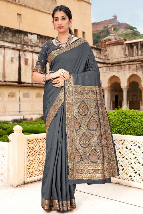 Nitya' Grey Pure Khaddi Georgette Banarasi Handloom Saree - Tilfi