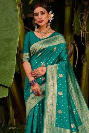 Teal Blue Zari Weaved Banarasi Saree