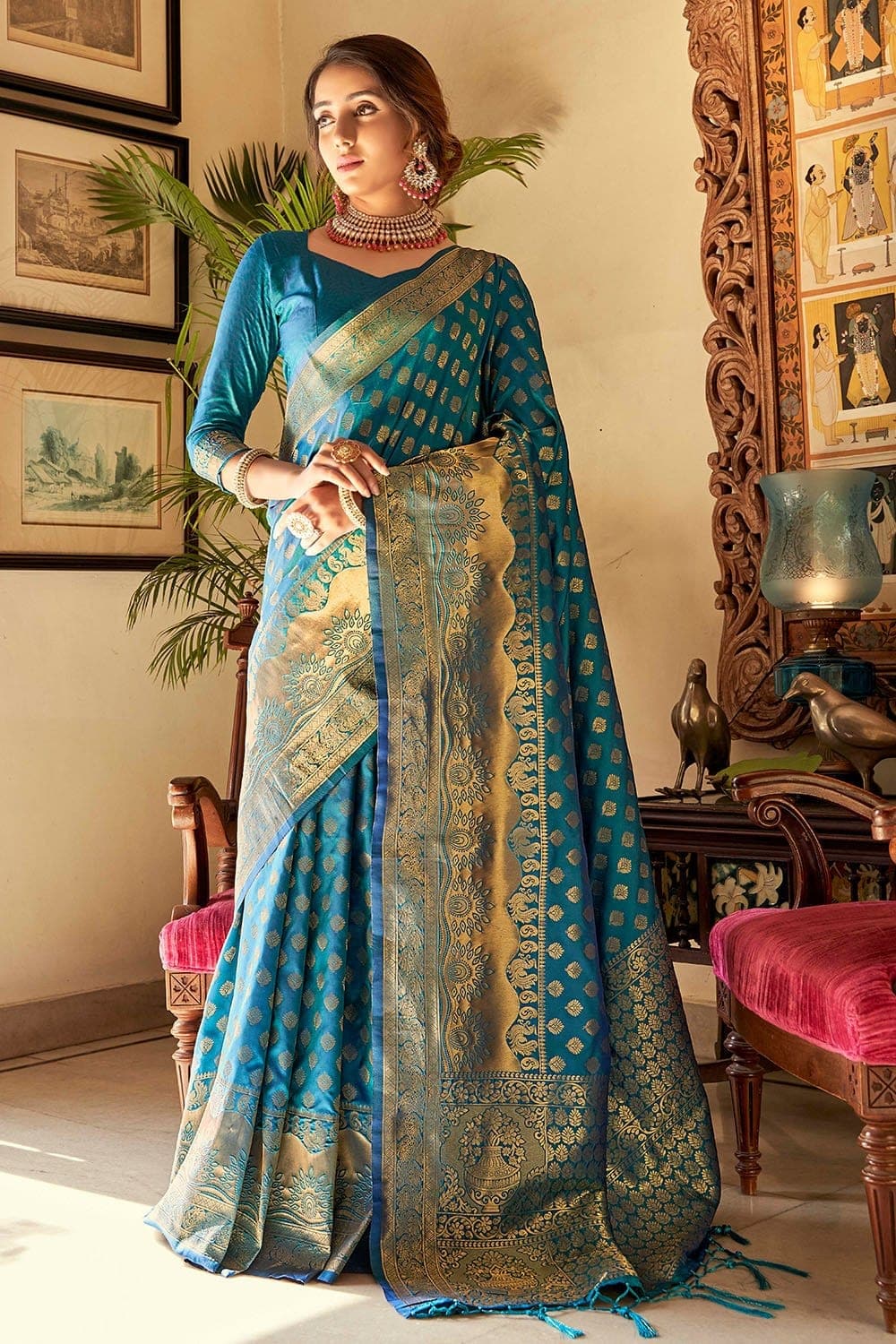 Buy Tiffany Blue Banarasi Saree online-Karagiri | Live Sale