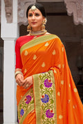 Tiger orange zari woven banarasi saree - From ghats of Banaras - Buy online on Karagiri - Free shipping to USA