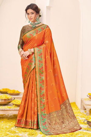 Zinnia Orange Banarasi Saree