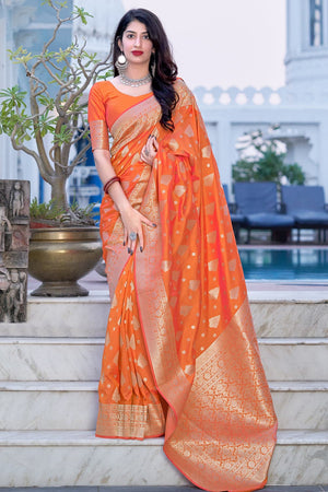 Zinnia Orange Banarasi Saree