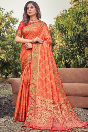 Dark Peach Banarasi Saree