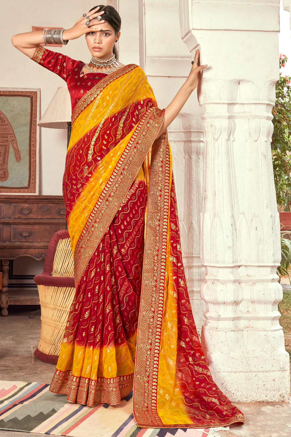 Pure Patola Silk Saree In Red & Yellow Color With Embroidery Work - Bridal  Banarasi Saree - Saree