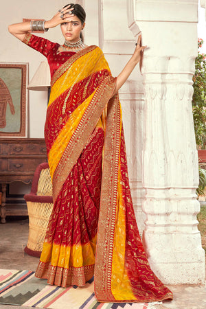 Yellow Red Dual Tone Bandhani Saree