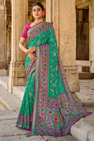 Pink Green Brasso Saree