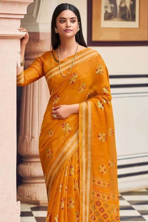 Mitera Yellow & White Floral Brasso Chanderi Saree Price in India, Full  Specifications & Offers | DTashion.com