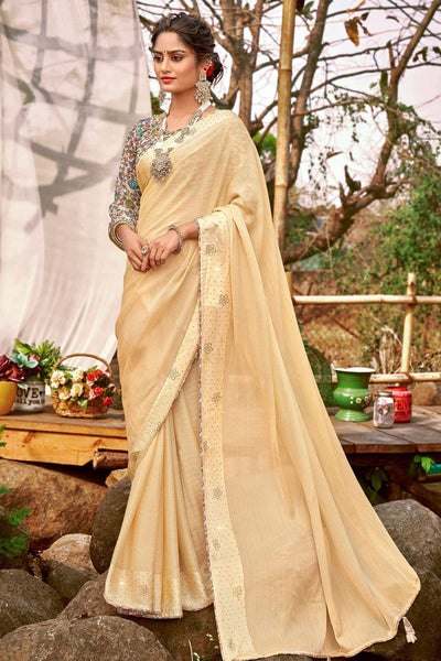 Sequinned Georgette Scalloped Saree in Beige : SFF2708