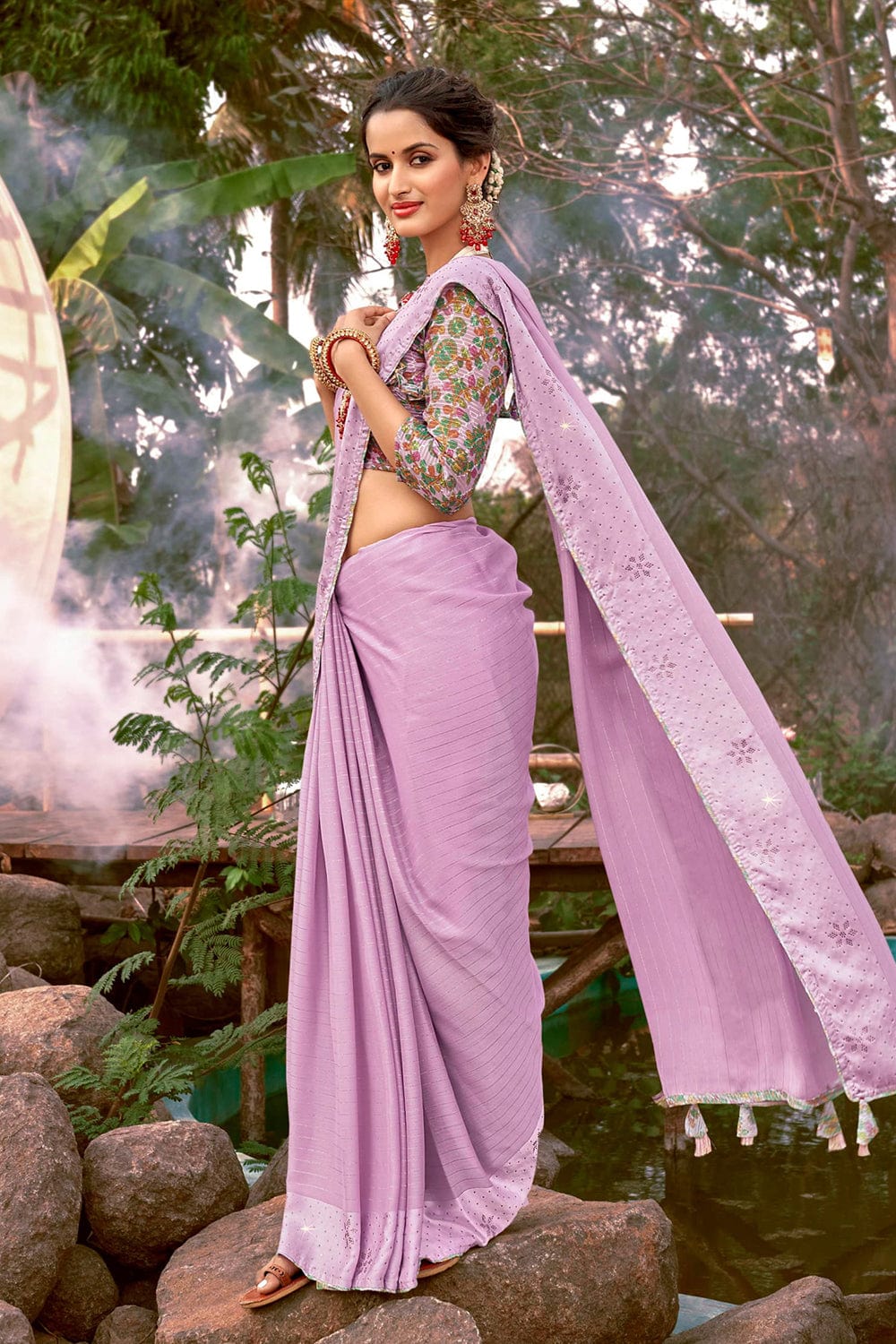 Cherry Blossoms on Mauve Chiffon Saree – Picchika