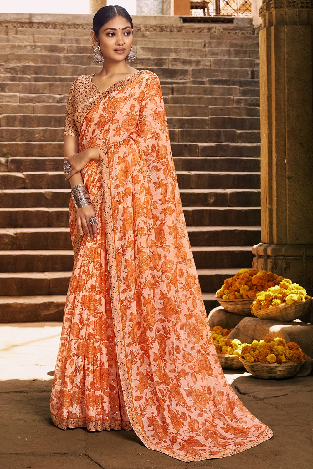 Orange Chiffon Woven Saree -