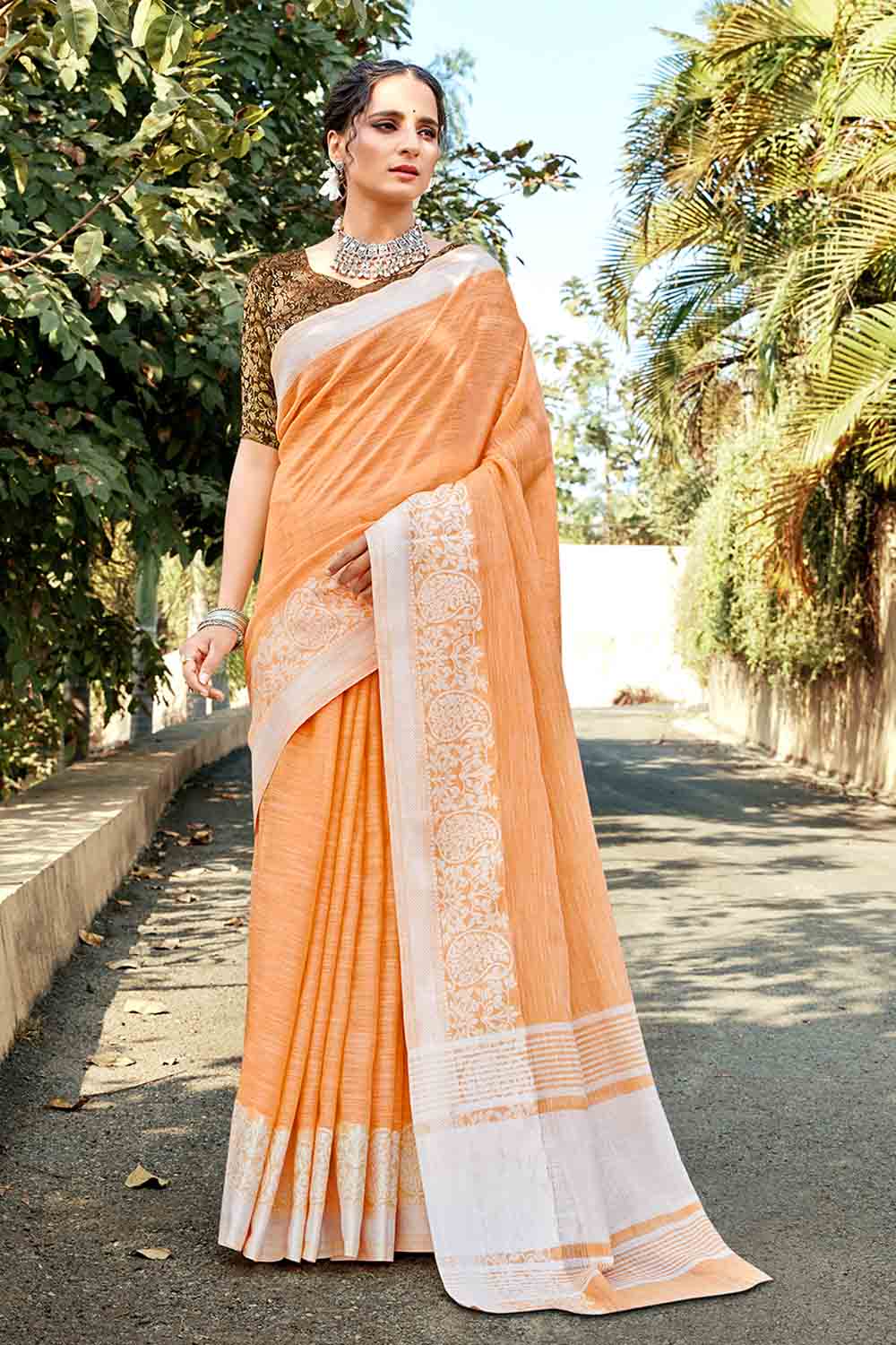 Light Orange Linen Saree With Weaving Work – Bahuji - Online Fashion &  Lifestyle Store