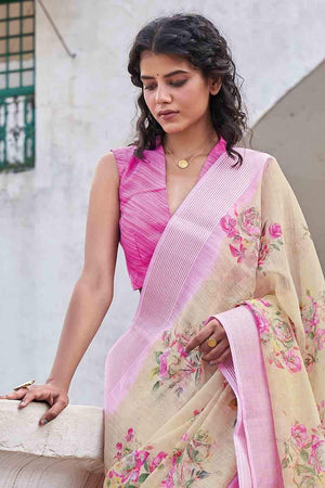 Off White Cotton Linen Saree