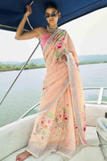 Salmon Pink Digital Printed Cotton Linen Saree