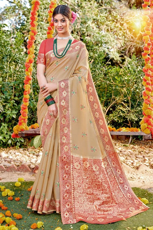 Woven Cotton Saree in Beige | Saree, Fashion, Cotton silk