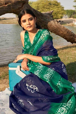 Blue And Green Printed Cotton Saree