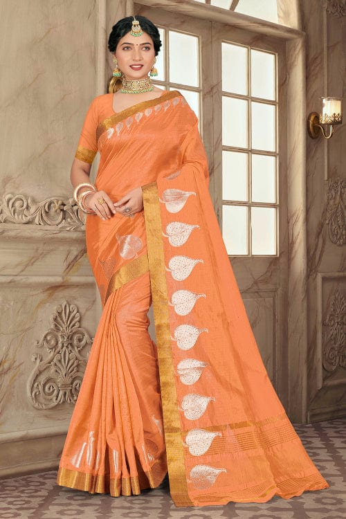 Digital Printed Cotton Saree in Light Orange : SJRA3757