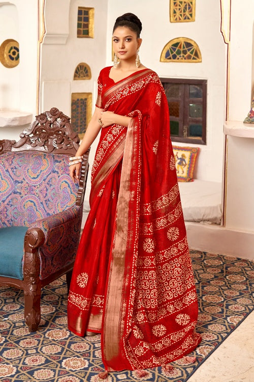 Begum Puri New Pure Cotton Red with Multi Color Saree With Blouse Piece