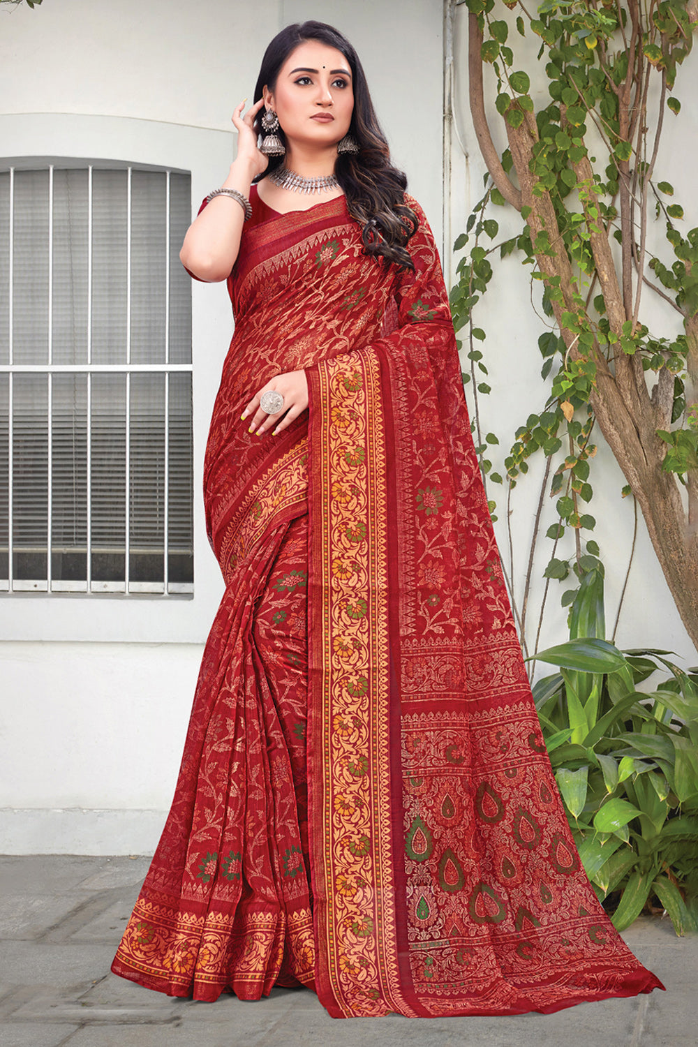 Buy Imperial Red Cotton Saree online-Karagiri
