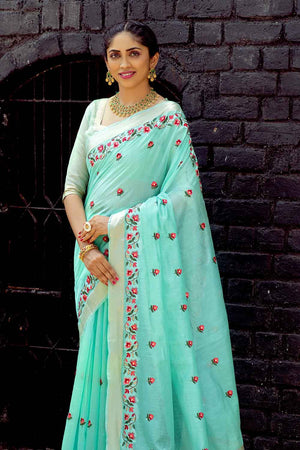 Mint Green Cotton Linen Saree