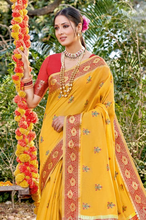 Buy Yellow Red Saree Banarasi Silk Saree Bandhani Saree Saree Party, Wedding  Saree Gift for Her Sari Saree With Stitched Blouse Online in India - Etsy