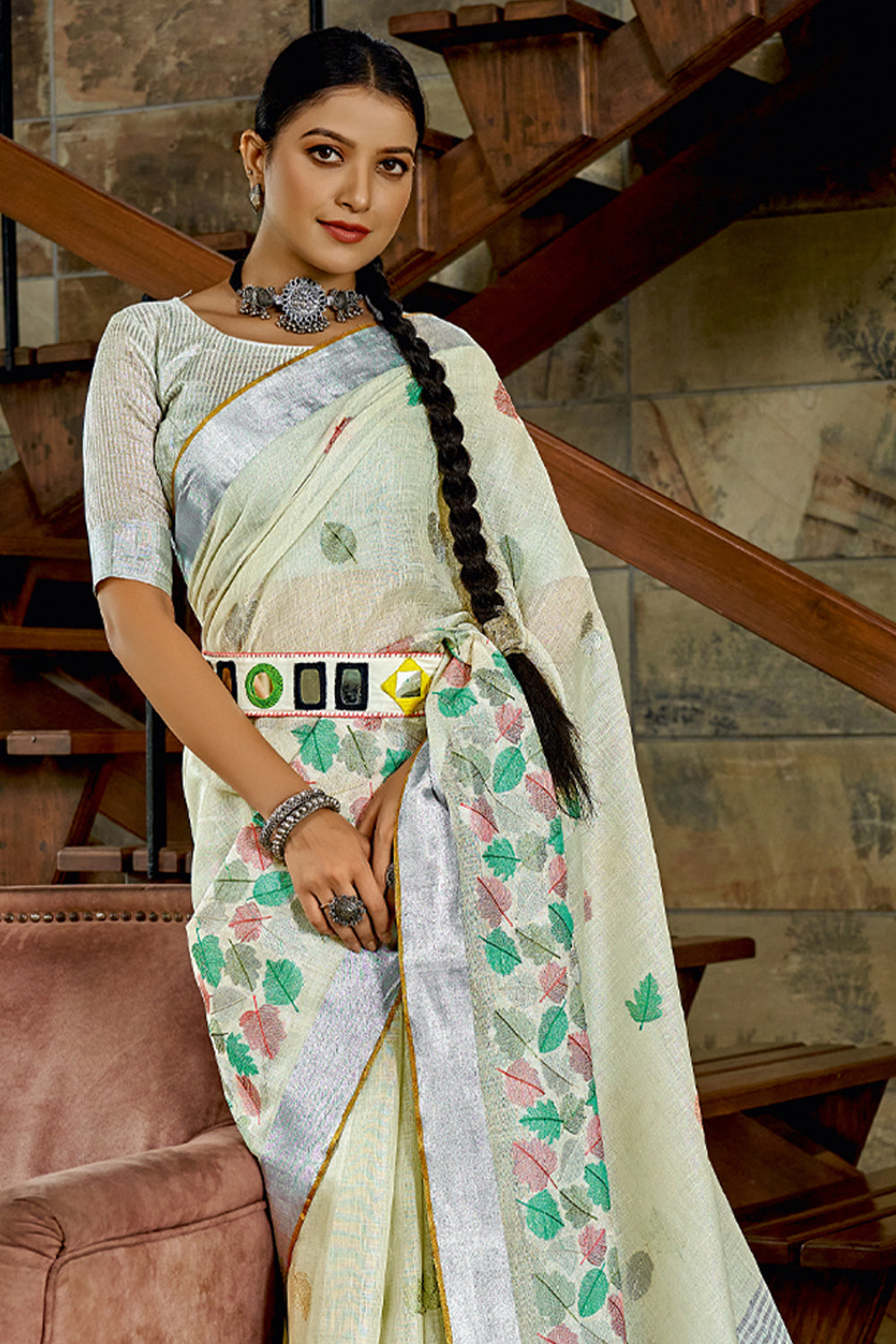 Organdy Cotton Saree Applique work Coffee White Colour with running blouse-Indiehaat  – Indiehaat.com