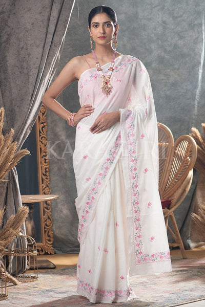 White Cotton Saree with Black Border & Woven Design | cotton saree online –  Thearyavart