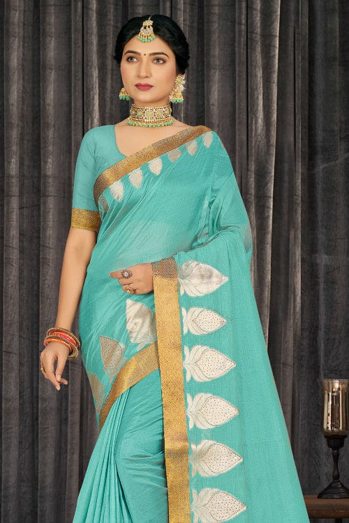 Light blue woven cotton silk saree with blouse - Suyukti Fab - 4087651