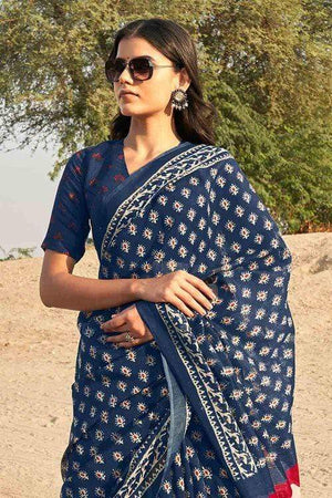 Space Blue Printed Cotton Saree