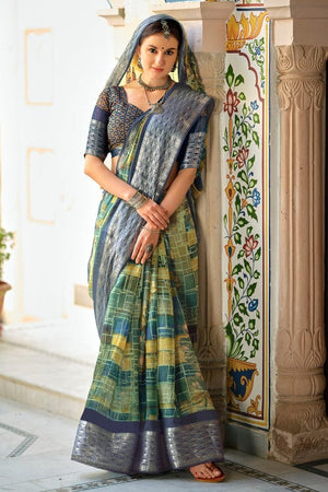 Teal Blue Cotton Saree