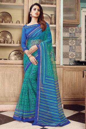 Turquoise Blue Cotton Saree