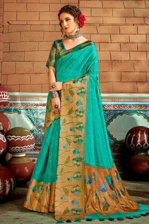 Turquoise Blue Cotton Saree