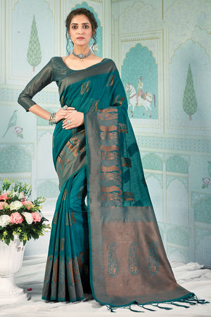 Turquoise Blue Cotton Saree