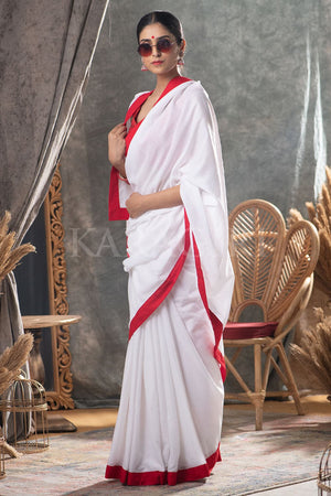 Baby Pink Plain Linen Saree with Silver Zari Border and contrast Blouse -  Loomfolks