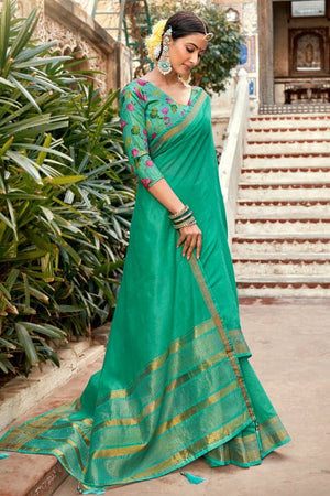 Ocean Green Cotton Silk Saree