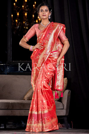 Bright Peach Banarasi Saree