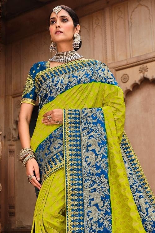 Buy Mustard & Green - Silk Cotton Saree online | Silk Cotton from  ShrusEternity