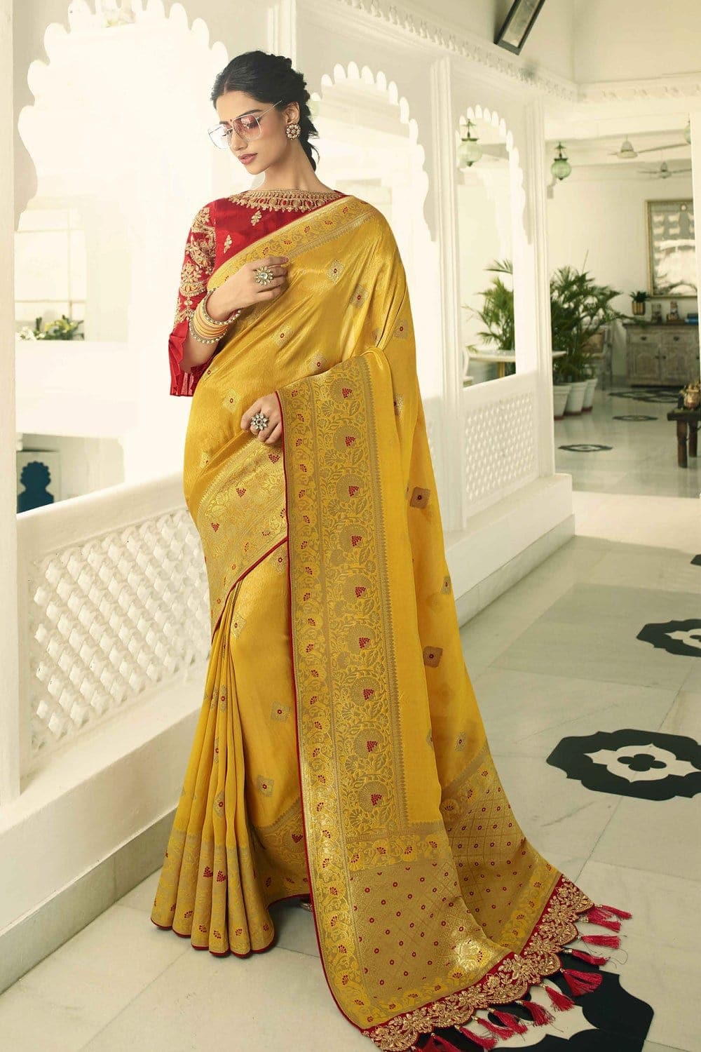 Buy Mustard yellow designer banarasi saree with embroidered silk