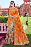 Pastel orange with cream woven designer banarasi saree with embroidered silk blouse - Wedding sutra collection - Buy online on Karagiri - Free shipping to USA