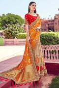 Pastel orange with cream woven designer banarasi saree with embroidered silk blouse - Wedding sutra collection - Buy online on Karagiri - Free shipping to USA