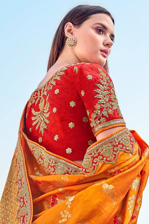 Pastel Orange With Cream Woven Designer Banarasi Saree With Embroidered Silk Blouse