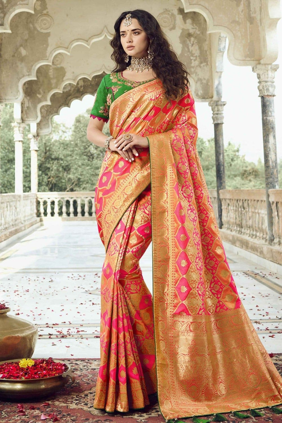 Buy Pink Golden Woven Designer Banarasi Saree With Embroidered Silk ...